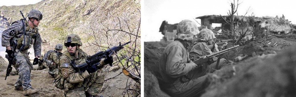 Soldiers in Afghanistan and Iwo Jima
