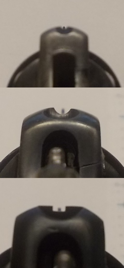Sight pictures. Top to bottom: Hand Ejector; Trocaola, M&P