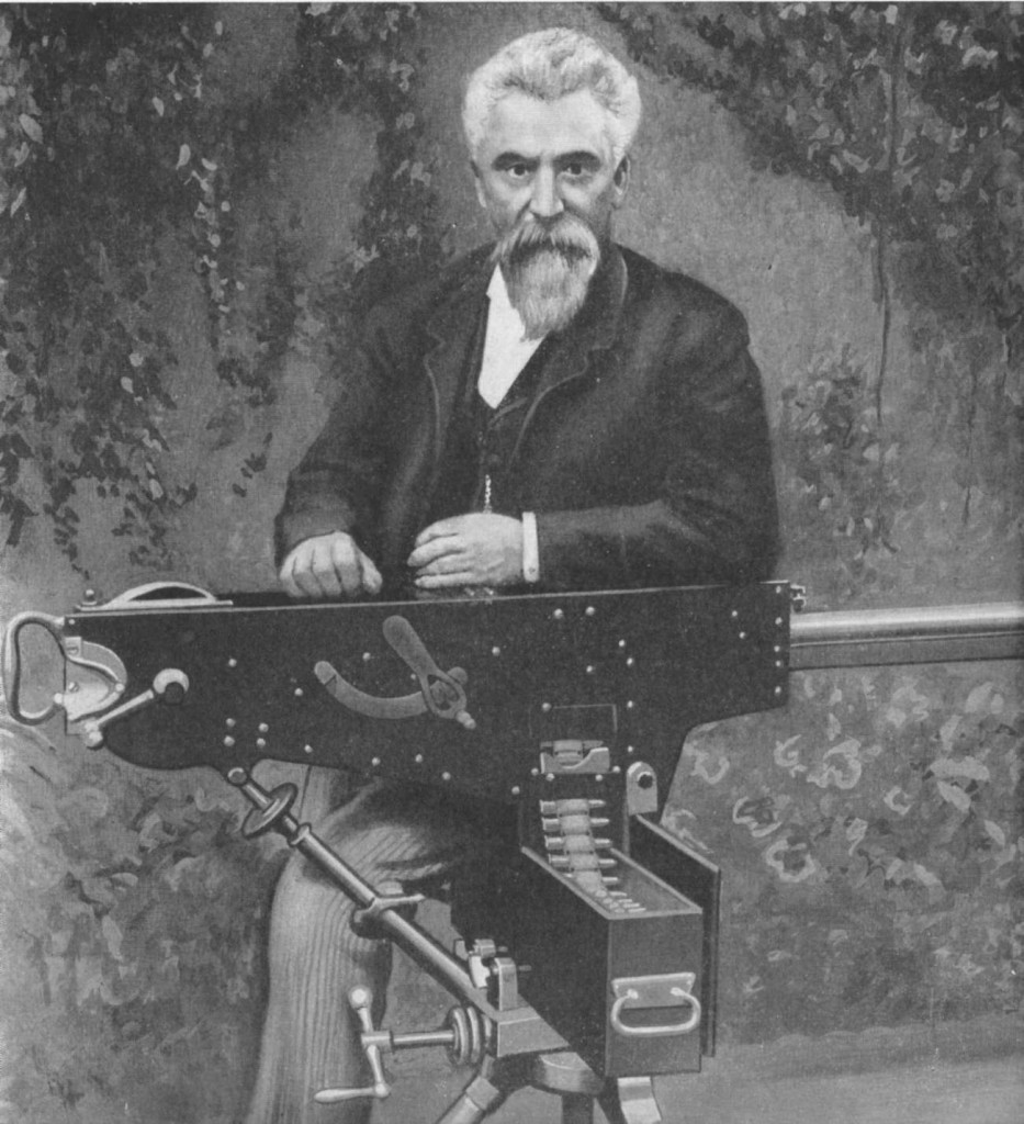 Hiram Maxim with his initial 1884 prototype machine gun