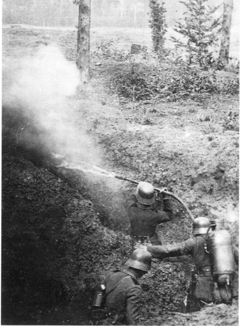 German troops demonstrating use of a WWI flamethrower