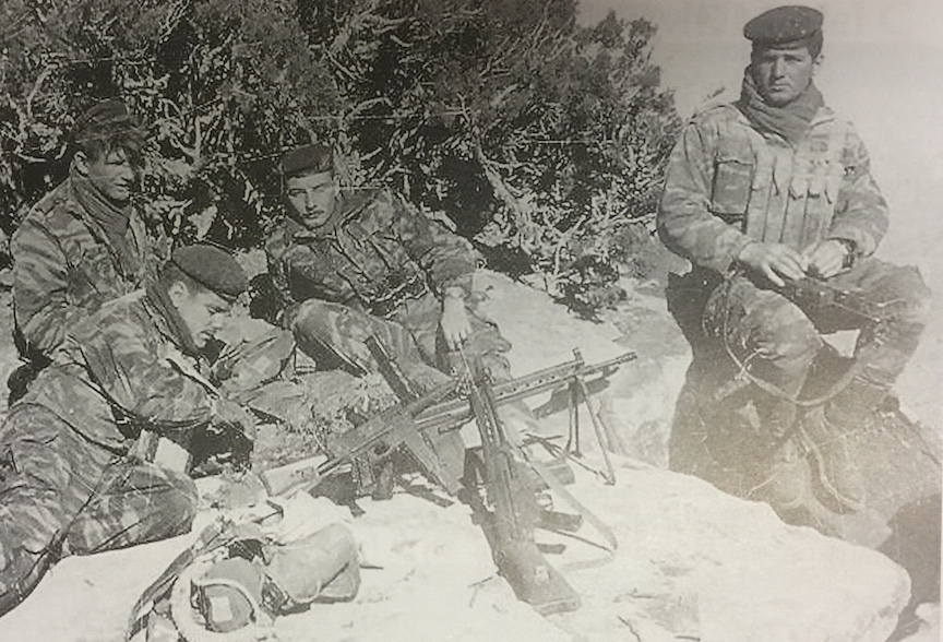 A group of French Commandos relaxing during their campaign in Algeria. Two are armed with MAT-49 SMGs and two with seized CETME-B rifles.