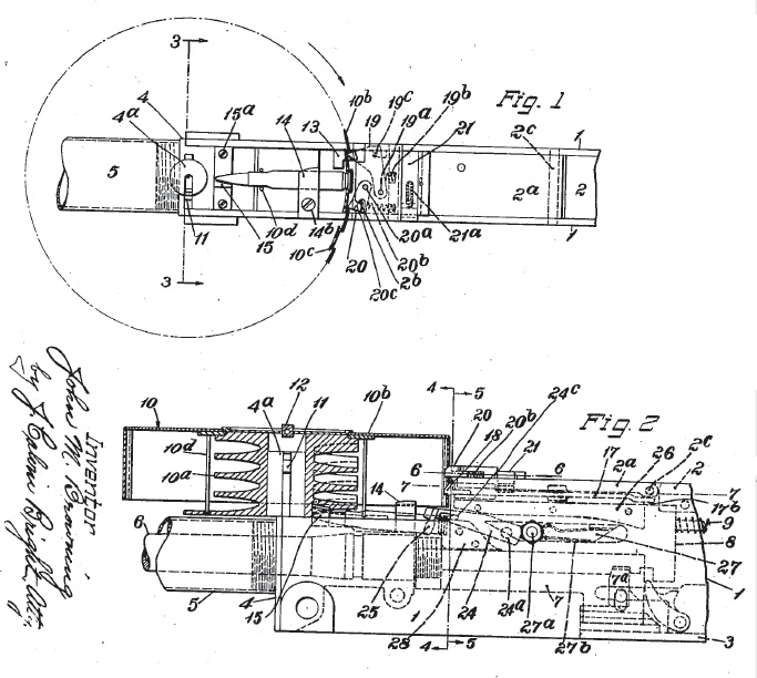 Patent drawing for a Browning 1919 drum magazine Patent drawing for a Browning 1919 drum magazine