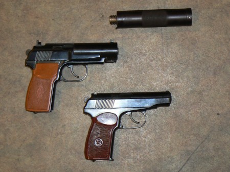 PB pistol with front part of the silencer removed compared to standard Makarov PM pistol