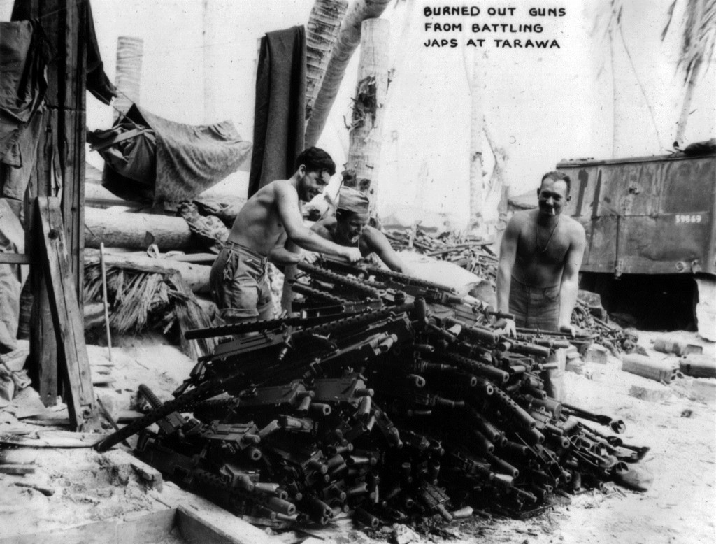 A pile of Browning 1919 machine guns awaiting repair on Tarawa, 1943