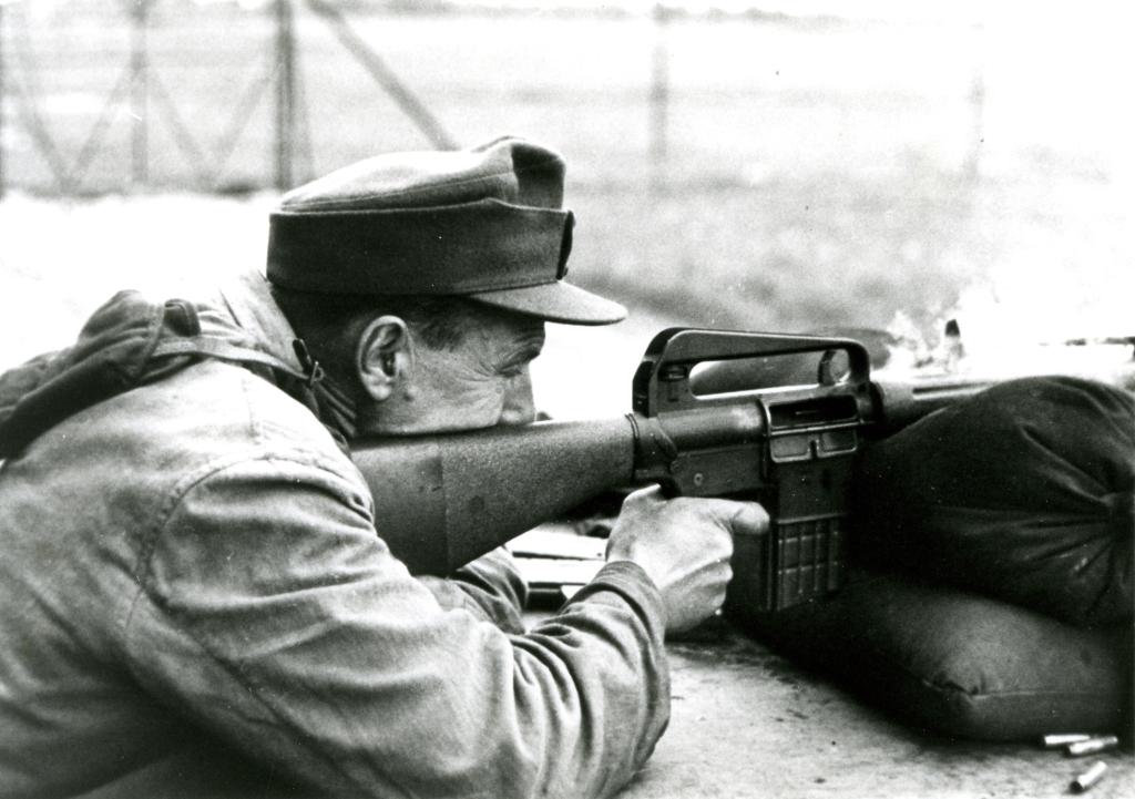 West German soldier test firing an Armalite AR-10 (designated G4) during trial at Meppen in 1957