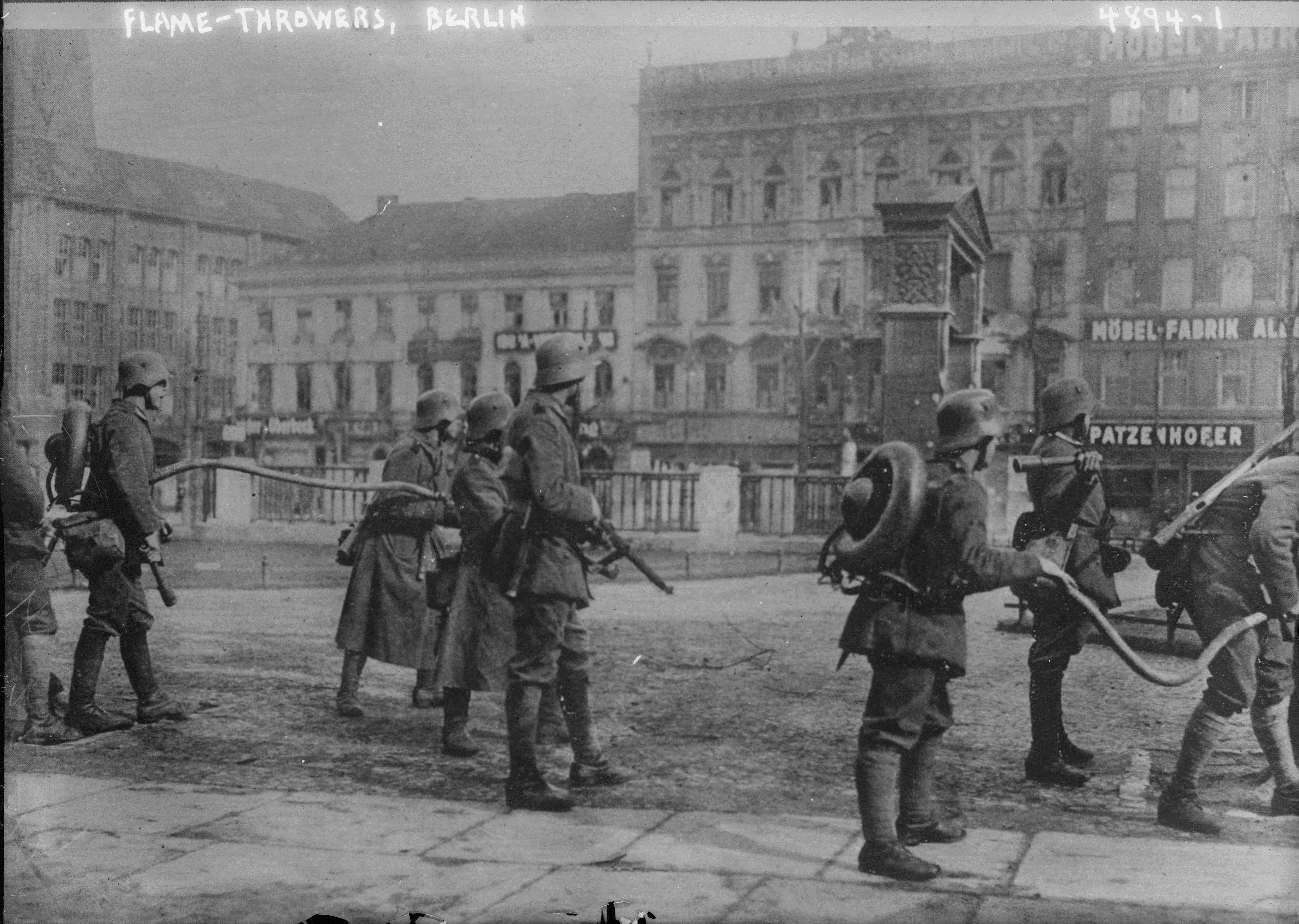 German Freikorps arraying with flamethrowers during the 1919 Spartacist revolt in Berlin