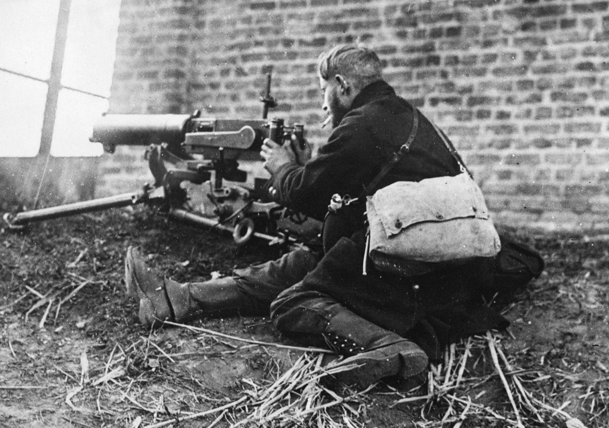 Belgian soldier smokes a cigarette during a fight between Dendermonde and Oudegem Belgium in 1914.